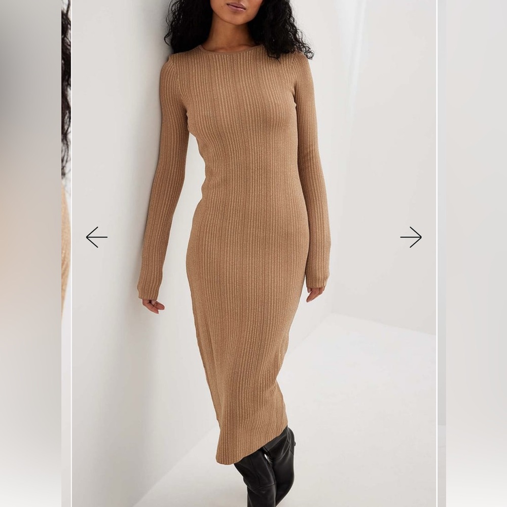 Elegant Tan Ribbed Knit Dress